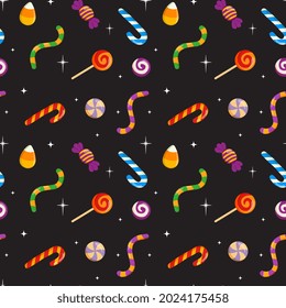 Halloween holiday seamless pattern. Vector candies with halloween elements and ornaments. Cartoon flat vector style. Baby texture for fabric, wrapping, textile, wallpaper, clothing, greeting cards.