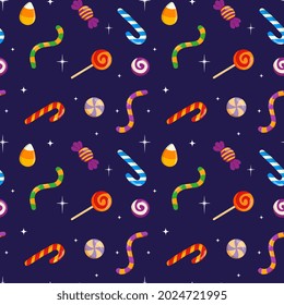 Halloween holiday seamless pattern. Vector candies with halloween elements and ornaments. Cartoon flat vector style. Baby texture for fabric, wrapping, textile, wallpaper, clothing, greeting cards.