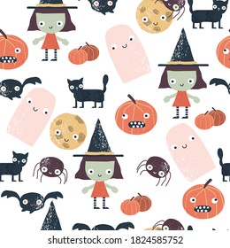 Halloween holiday seamless pattern with witch, black cat and pumpkins. Kids funny print. Vector hand drawn illustration.