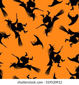 Halloween Holiday Seamless Pattern With Witch And Hats Over Orange Background for Creating Halloween Designs.  Vector illustration.