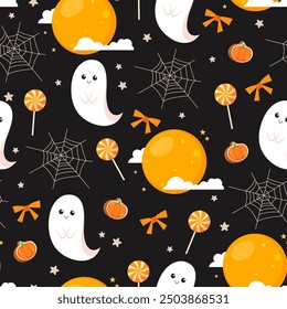 Patrón sin fisuras de Halloween con dulces deliciosos, fantasmas lindos, Web de araña, lazos y estrellas decorativas en fondo oscuro.