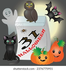 Halloween holiday, set, cat, bat, ghost, spider, calendar, pumpkins, owl