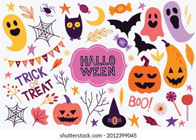 Halloween holiday set - ghost, owl, pumpkin, star, candy, berry, branch, scary face, garland, witch hat, bat, moon, spider, web, jack o lantern isolated on white background. Vector illustration