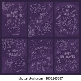 Halloween holiday set of greeting card. Spooky sketch elements collection such as witch hat, pot, broom, pumpkin and others. Can be used for web or print. Stock vector illustration in outline style.