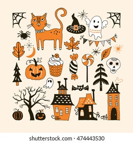 Halloween holiday set with hand drawing elements for graphic and web design