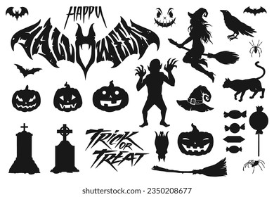 Halloween holiday set stickers monochrome with scary pumpkins and gravestones or bats near witches and monsters vector illustration