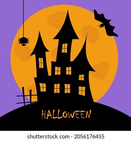 Halloween holiday. Silhouette of a castle with ghosts on the background of a full moon. A horror movie with a poke and a bat. Create a postcard, poster, or flyer.