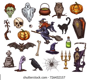 Halloween holiday sketch icon set. Scary ghost, Halloween pumpkin lantern, bat, spider and witch, skeleton skull, zombie and cemetery gravestone, black cat, coffin and grim reaper isolated symbol