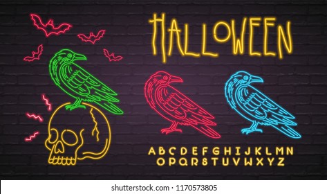 Halloween Holiday Skull and Crow Silhouette Neon Light Glowing Vector Illustration