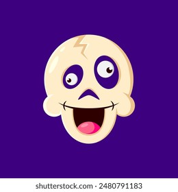 Halloween holiday skull emoji cartoon character. Isolated vector funny dead head emoticon. Human cranium with squint eye and wide cheerful smile, represents death, humor or danger for festive messages