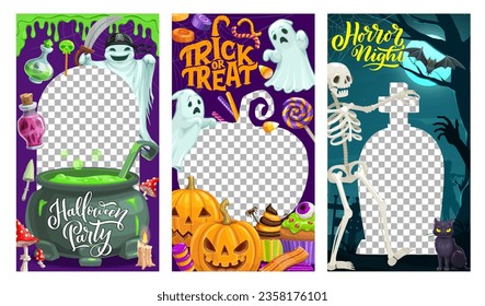 Halloween holiday social media templates with cartoon characters, slime, sweets and cemetery, vector banners. Halloween holiday frames with spooky pumpkins, skeleton, ghosts and witch potion cauldron