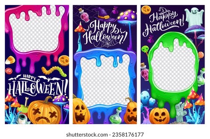 Plantillas de medios sociales para feriados de Halloween. Diseños vectoriales con marcos de fusión delgada, calabazas de dibujos animados, dulces espeluznantes, mano zombie y fantasma. Hongos, telaraña y murciélagos, frascos de poción y sombreros de bruja