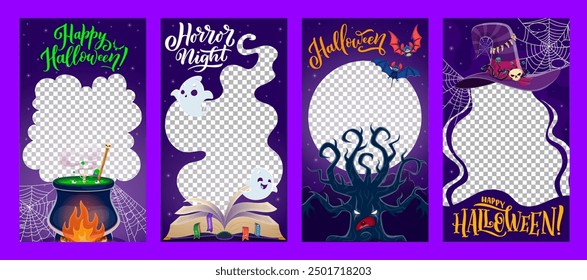 Halloween holiday social media templates for posts with funny ghosts, vector frames. Halloween holiday social media storytelling post template with witch potion cauldron, bats and magic spell book