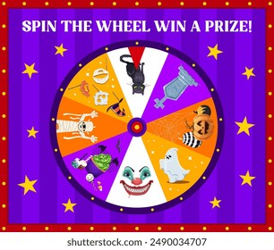 Halloween holiday spin, fortune wheel roulette. Fortune gamble circle spin, Halloween lottery prize vector roulette with scary clown, mummy and witch cat characters, masks, gravestone and treats