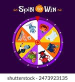 Halloween holiday spin roulette, fortune wheel with festive prizes, offering a spooky, fun way to win treats. Vector Zombie hand, ghosts, pumpkin and devil, witch cauldron, vampire and sweets sectors