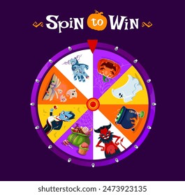 Halloween holiday spin roulette, fortune wheel with festive prizes, offering a spooky, fun way to win treats. Vector Zombie hand, ghosts, pumpkin and devil, witch cauldron, vampire and sweets sectors