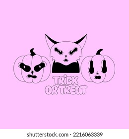 Halloween holiday. Spooky black line characters on pink background. Cat and pumpkins. Trick or treat lettering. Cartoon scary portraits. Poster, print on clothes, postcard