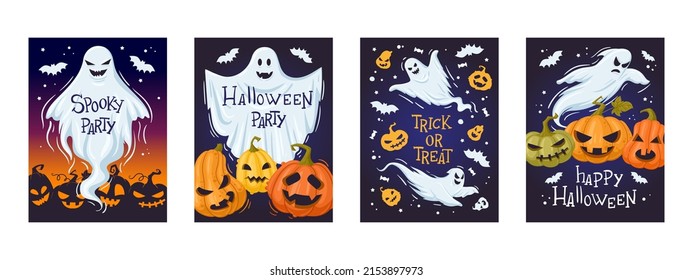 Halloween holiday spooky ghost party banner, scary pumpkins cards. Cartoon ghosted spirit and spooky pumpkins vector background illustrations. Halloween party spooky posters