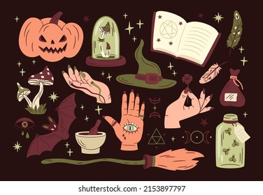 Halloween holiday spooky symbols, pumpkin, bat, mushrooms, witch hat. Scary autumn decorations, witch broom and spell book vector illustrations set. Creepy halloween elements for horror party