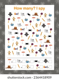 Halloween holiday I spy, How many counting educational puzzle game for kids, autumn seasonal vector illustration elements, printable worksheet for kids, leisure or study game, teachers resources