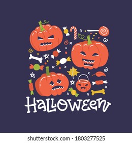 Halloween holiday square banner design with candy and pumpkins. Vectorflat illustration with hand drawn lettering