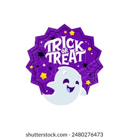 Halloween holiday sticker with funny kawaii ghost character. Isolated vector badge with spiders and cute spook with playful expression, adding a touch of spookiness and charm to the festive spirit