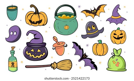 Halloween holiday sticker set with traditional symbols, pumpkins and bats, witch hats, spiders, cauldron and ghosts. Vector illustration.