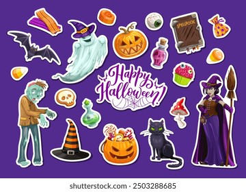 Pegatinas de Halloween. Otoño horror vacaciones monstruo scrapbook de dibujos animados Vector pegatinas con fantasma, zombi, bruja y gato negro murciélago, libro de hechizos, poción mágica, postre y calabaza