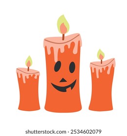 Pegatinas de Halloween. Velas, cara de calabaza. Feliz Halloween, truco o trato. Ilustración vectorial en estilo plano