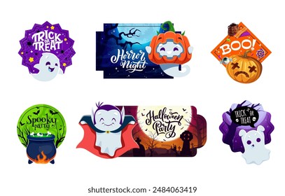 Halloween holiday stickers with funny kawaii characters, feature adorable cartoon spooky pumpkins, witch cauldron, and cute ghosts. Vector patches set for decorating costumes, or party invitations