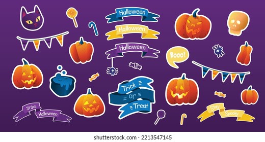 Halloween - holiday stickers set. Pumpkins, candies and other elements for the Halloween celebration.
