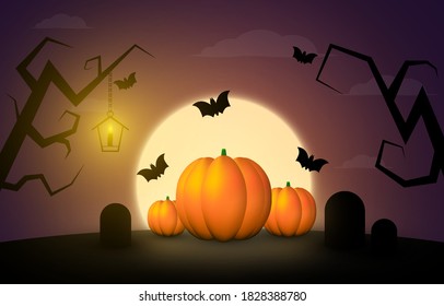 Halloween holiday. Halloween stock illustration. Three pumpkins, moon, trees, graves.