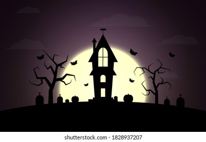 Halloween holiday. Halloween stock illustration. Three pumpkins, moon, trees, graves.