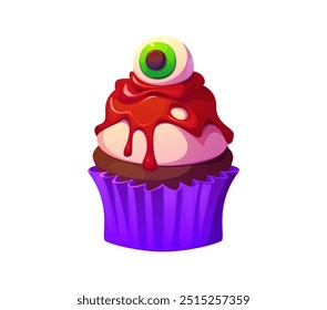 Halloween holiday sweet dessert or monster cupcake, vector cartoon icon. Halloween horror night holiday and trick or treat party sweet candy muffin with zombie monster eye for pastry sweet food