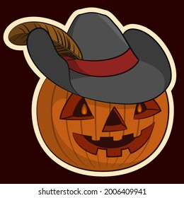 Halloween Holiday Symbol, Pumpkin O Lantern in the Hat with a Plume, Isolated on White Background. Vector