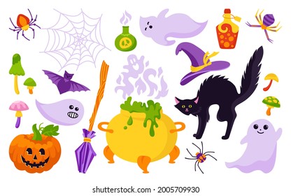 Halloween holiday symbolic element cartoon set. Black cat, pumpkin, hat spider web colorful flat design. Magic hag cauldron bat, toxic mushroom, wizard broom, potion poison bottle. Vector illustration