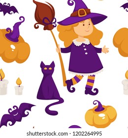 Halloween holiday symbols of autumn event seamless pattern vector.