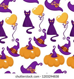 Halloween holiday symbols of autumn event seamless pattern vector.