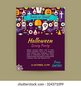 Halloween Holiday Template Banner Flyer Modern Flat Style. Flat Design Vector Illustration of Brand Identity for Halloween Promotion. Trick or Treat Colorful Pattern for Advertising