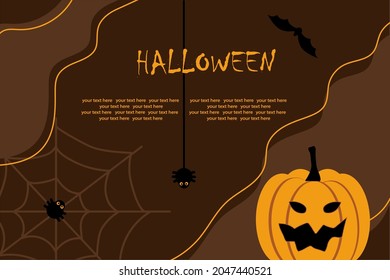 Halloween holiday. template with pumpkin, cobwebs and spiders for background, postcard or banner. Flat illustration.