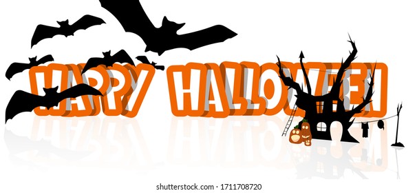 Halloween holiday text with funny and cute pumpkin, witch house and flying bats. Banner, postcard, poster, holiday and greeting card concept. Vector illustration.