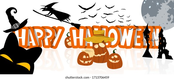 Halloween holiday text with funny pumpkins, black cat, witch on broom, magic hat, moon, witch house and flying bats. Banner, postcard, poster, holiday and greeting card concept. Vector illustration.