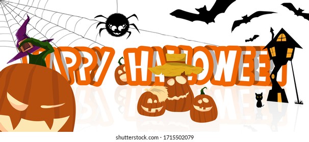 Halloween holiday text with funny pumpkins, black cat, spider on web, magic hat, witch house and flying bats. Banner, postcard, poster, holiday and greeting card concept. Vector illustration.