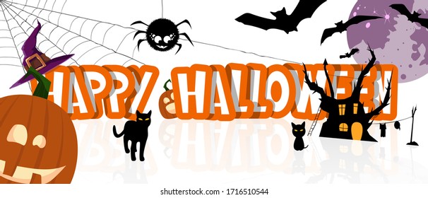 Halloween holiday text with funny pumpkins, black cat, spider on web, magic hat, witch house, moon and flying bats. Banner, postcard, poster, holiday and greeting card concept. Vector illustration.