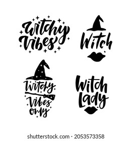 Halloween holiday text with witch hat, broom - Witchy vibes, Witch lady. Hand drawn lettering quote for print, poster, greeting card. 31 october design. Vector illustration isolated on white backgroun