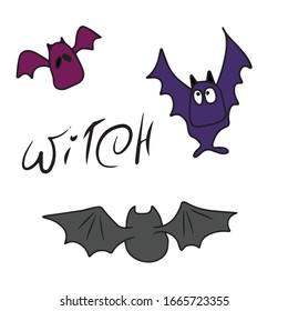 Halloween holiday, text witch and a set of three bats. Colorful silhouette. Children's flat vector design on a white isolated background