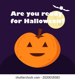 Halloween holiday theme. Orange pumpkin with eyes and mouth. The lettering is white on a lilac background. Vector illustration.