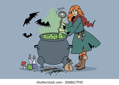 Halloween holiday tradition celebrating concept. Young woman witch in costume standing and brewing potion with bats flying around vector illustration 