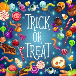 Halloween Holiday, Trick And Treat, Candies And Pumpkin. Vector Eyeball And Cane Candy, Spider And Chocolate, Jelly Warm And Marmalade. Skull And Witch Hat On Cupcake, Lollipop And Brain, Poison