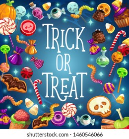 Halloween holiday, trick and treat, candies and pumpkin. Vector eyeball and cane candy, spider and chocolate, jelly warm and marmalade. Skull and witch hat on cupcake, lollipop and brain, poison